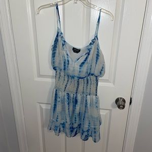 Blue and white Bebe tie dye mini sundress